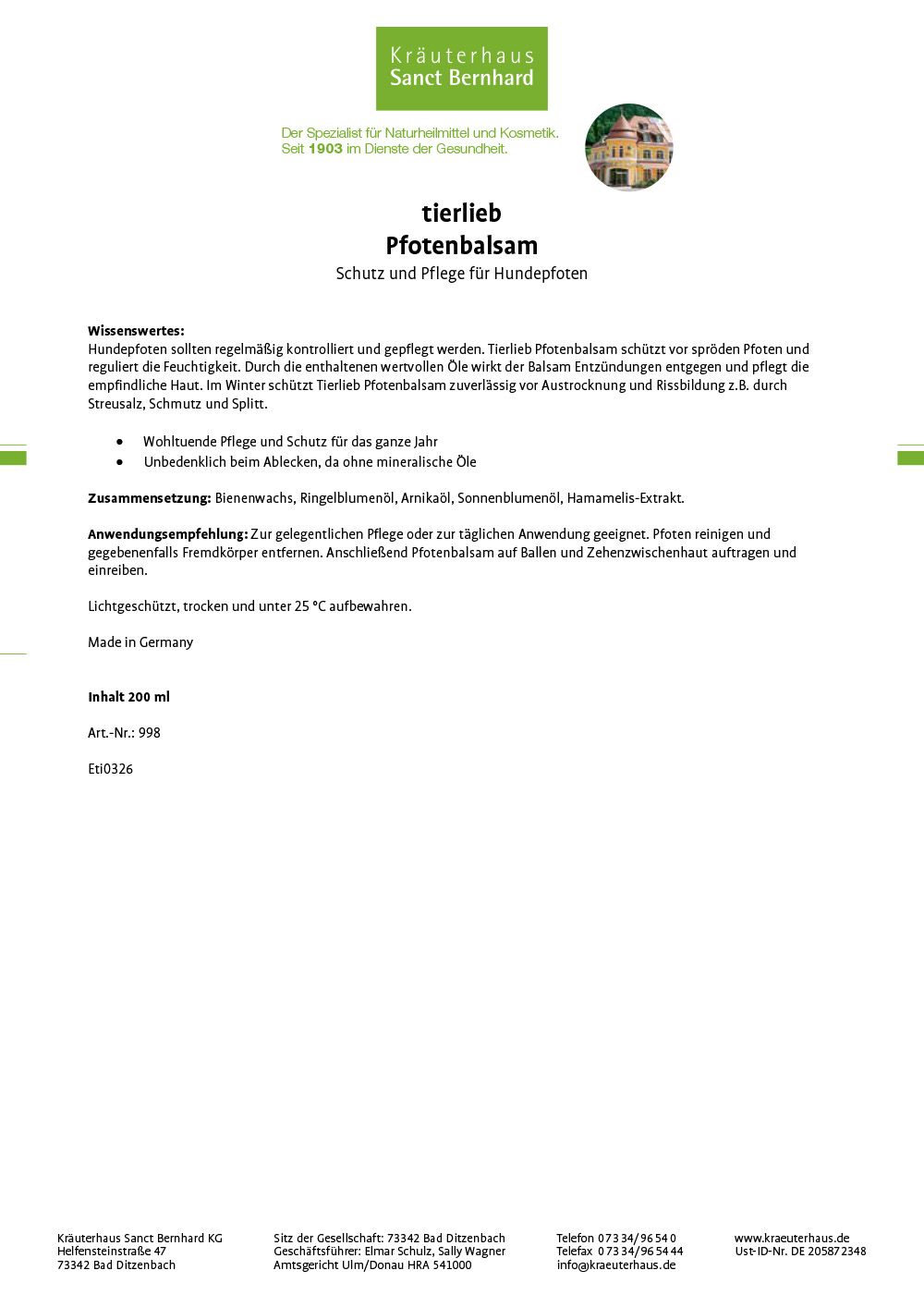 Offener weißer Tiegel mit Pfotenbalsam und weißem Deckel daneben. Etikett mit Hundepfoten und Produktinformationen.