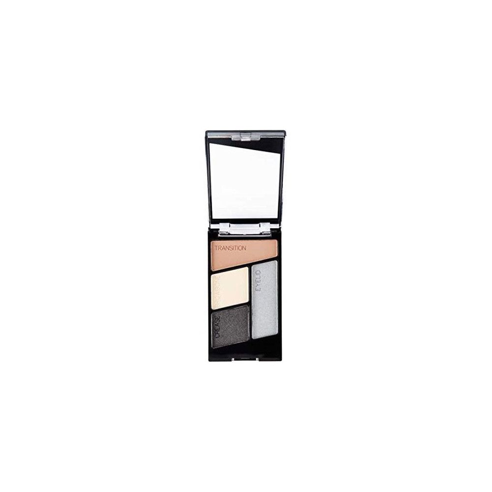 Lidschatten-Quad mit vier Farben. Schwarze Verpackung mit Spiegel. Farben: Beige, Weiß, Grau und Silber. Marke nicht sichtbar.