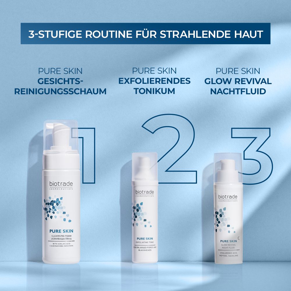 Drei Produkte: Pure Skin Gesichtsreinigungsschaum, Pure Skin Exfolierendes Tonikum, Pure Skin Glow Revival Nachtfluid. Biotrade.