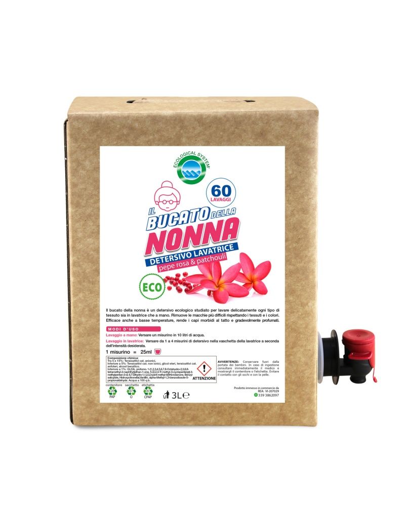 Confezione di detersivo per lavatrice "Bucato della Nonna". Sulla confezione sono visibili il marchio, un'immagine di fiori e la scritta "ECO". Il prodotto contiene 3 litri ed è per 60 lavaggi.