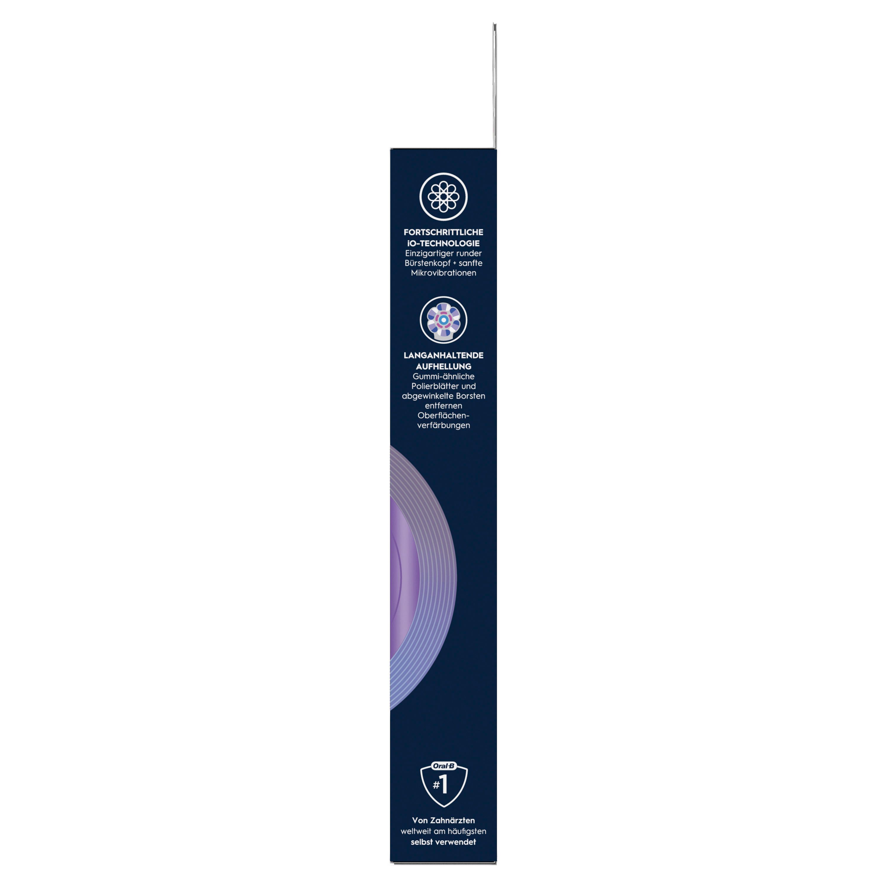 Seite der Oral-B iO Aufsteckbürsten Verpackung. Informationen zu Technologie und Zertifizierung.