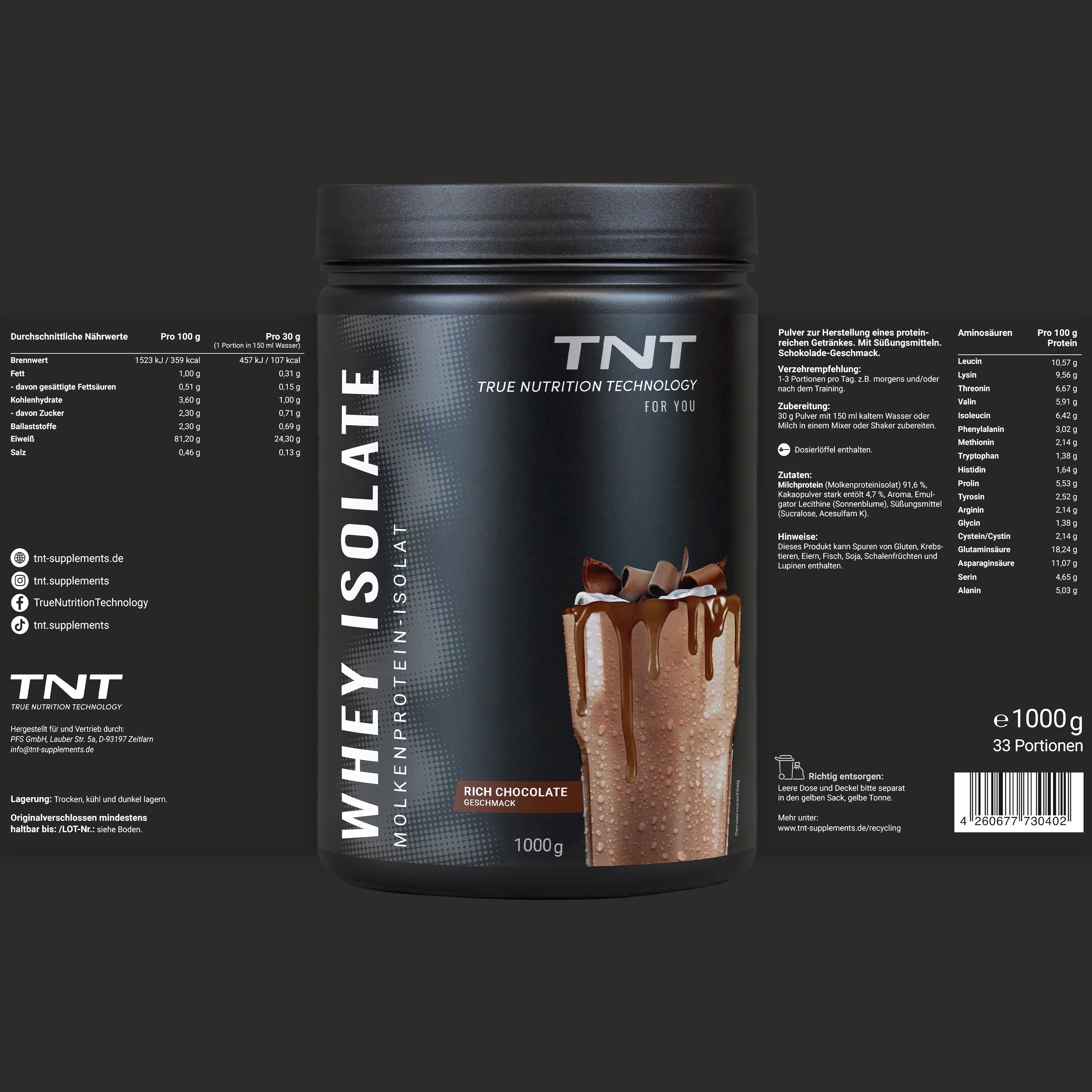 Dose TNT True Whey Isolate. Aufschrift: Whey Isolate, Molkenproteinisolat, Rich Chocolate, 1000g. Nährwertangaben und weitere Informationen.