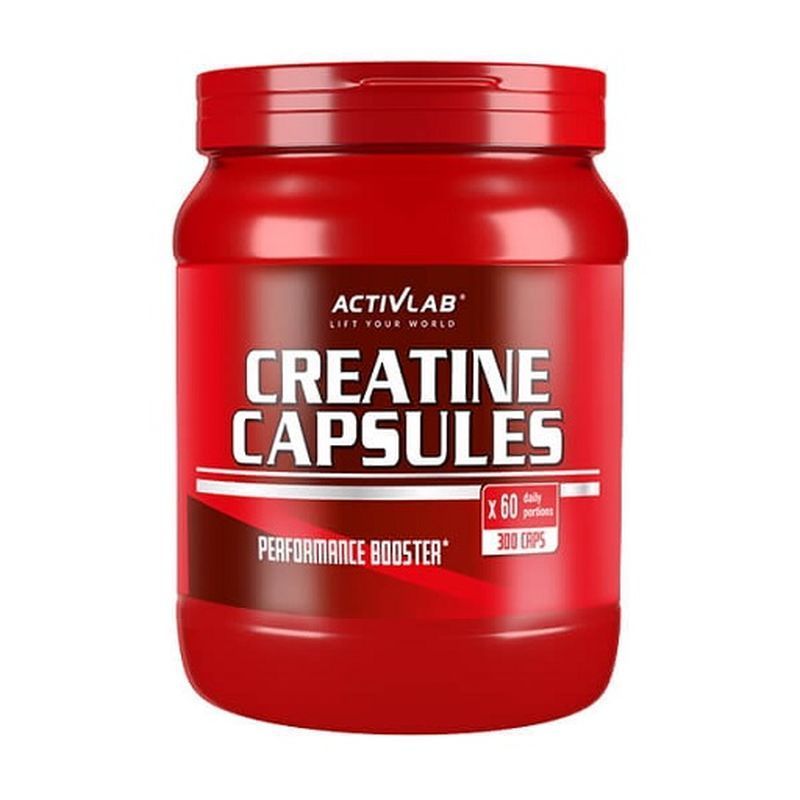 Rote Dose mit "Creatine Capsules" von Activlab. Enthält 300 Kapseln. Aufschrift: "Performance Booster".