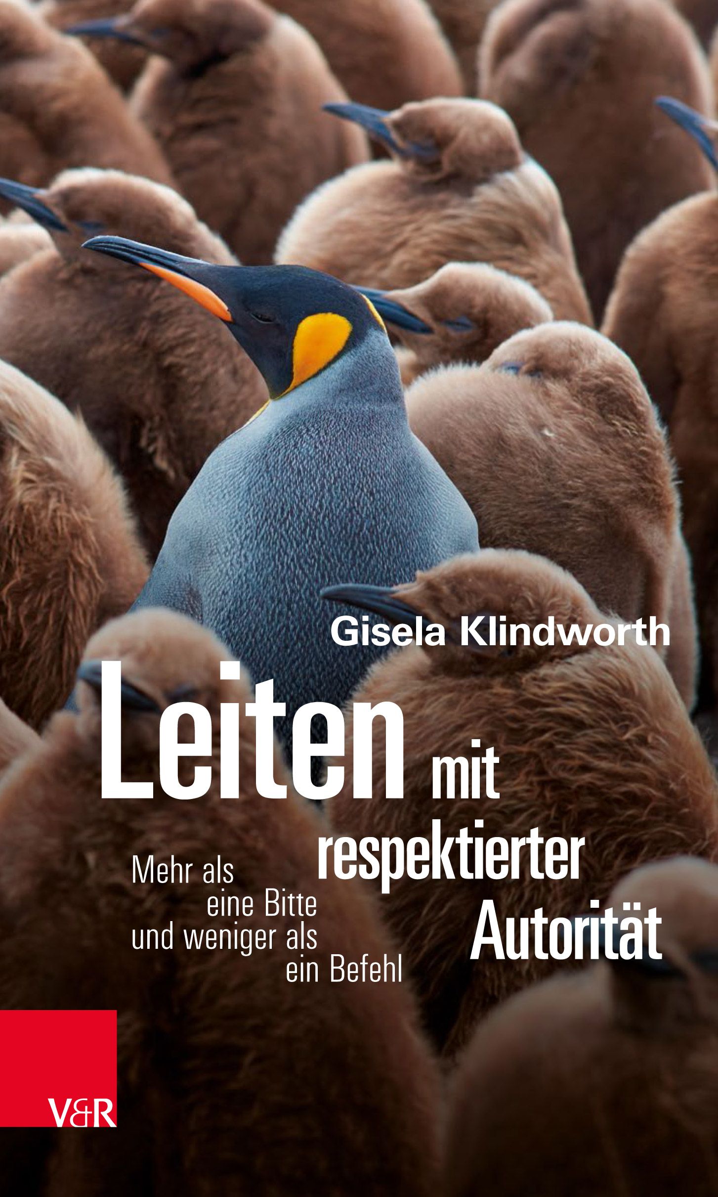 Buchcover mit Pinguinen. Titel: Leiten mit respektierter Autorität. Autorin: Gisela Klindworth. Verlag: V&R.