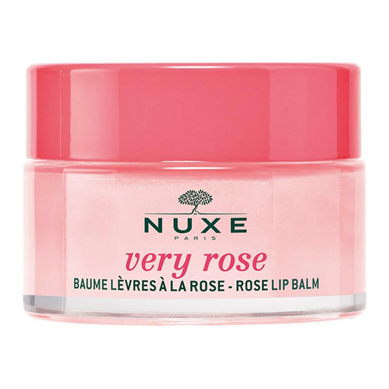 NUXE Very Rose Lippenbalsam. Rosa Tiegel mit rosa Deckel. Produktname und Logo sichtbar.