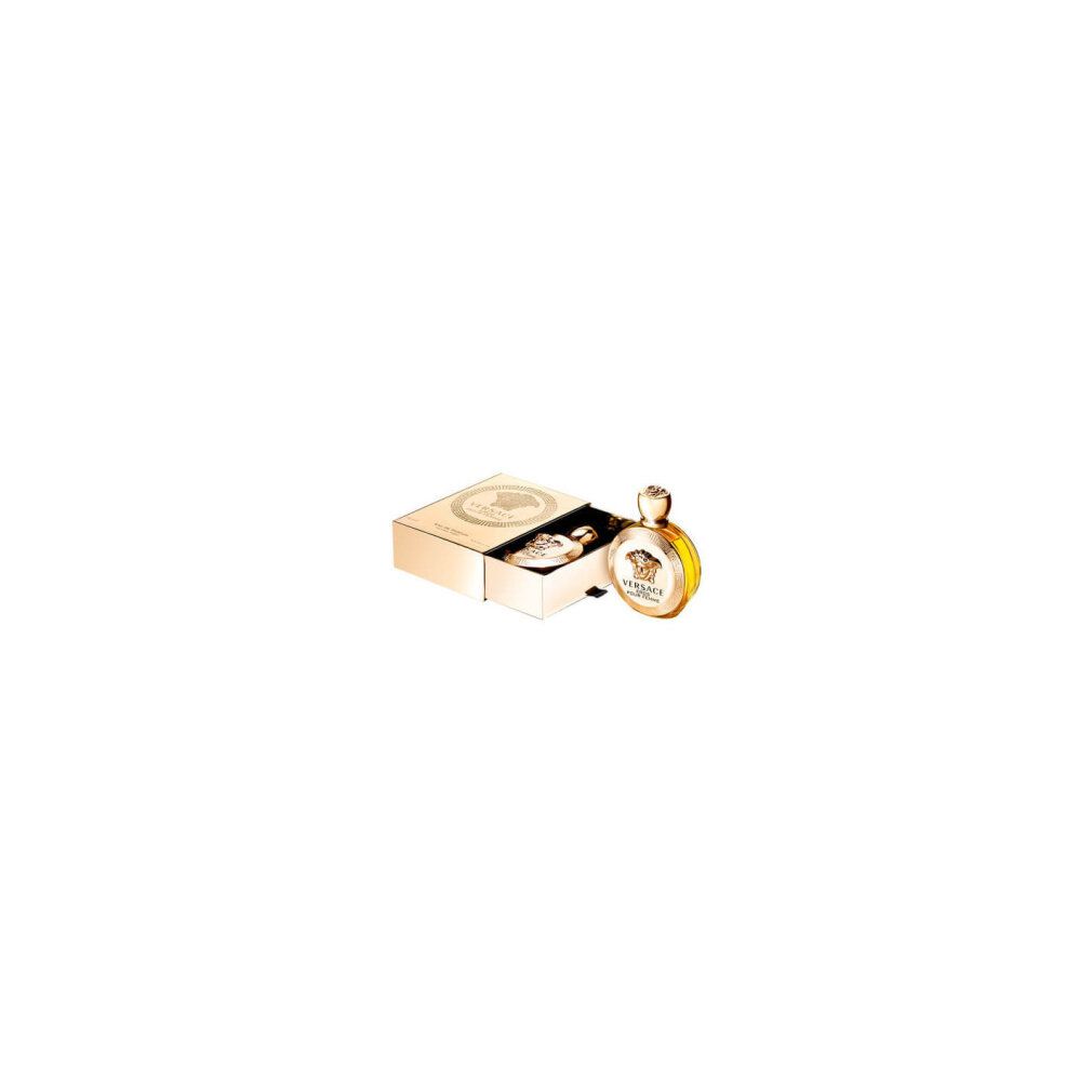 Flasche und Verpackung. Flasche rund, mit Logo und Schriftzug. Verpackung rechteckig, mit Logo. Text: Versace.