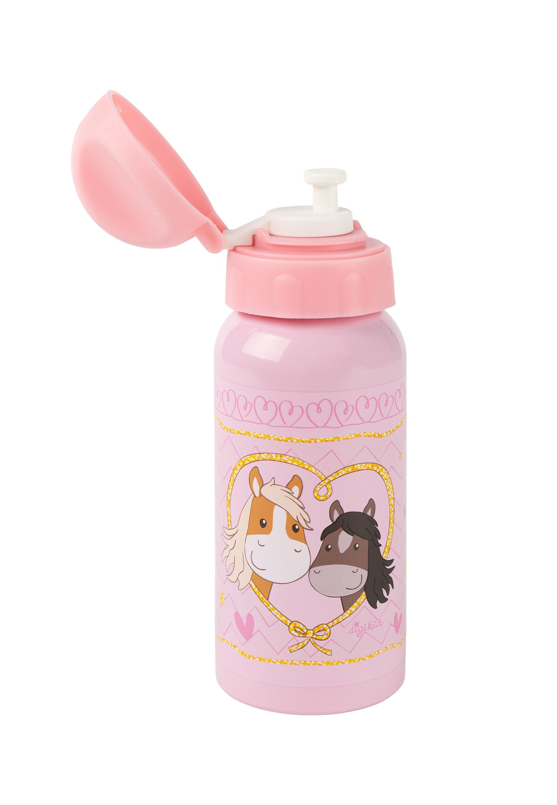 Rosa Trinkflasche mit Pferde-Motiv. Aufklappbarer Deckel. Herz- und Zickzackmuster. Goldfarbene Akzente. Aufschrift.