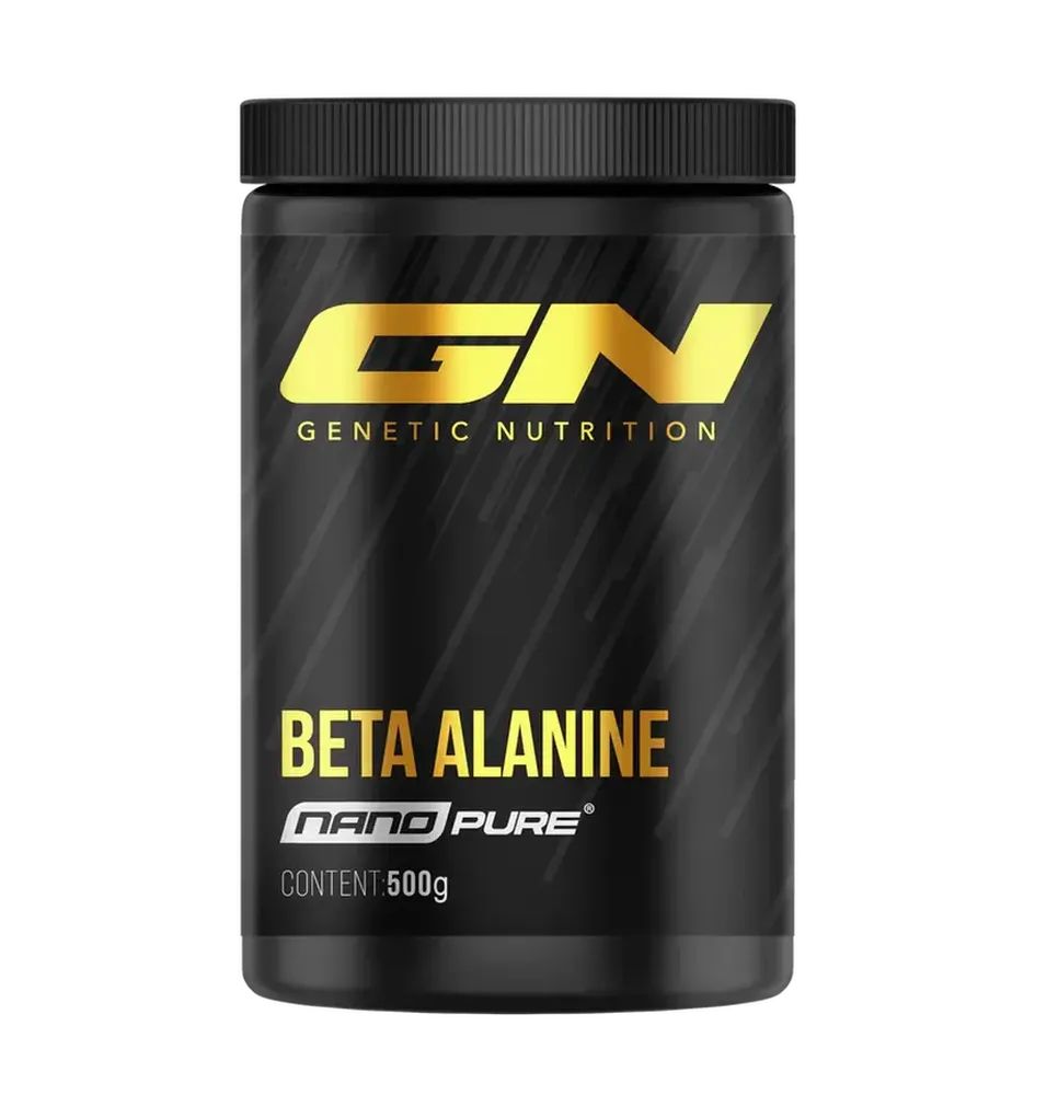 Schwarze Dose mit goldfarbenem "GN"-Logo und "BETA ALANINE"-Schriftzug. "NANO PURE" und "CONTENT 500g" sind ebenfalls sichtbar.