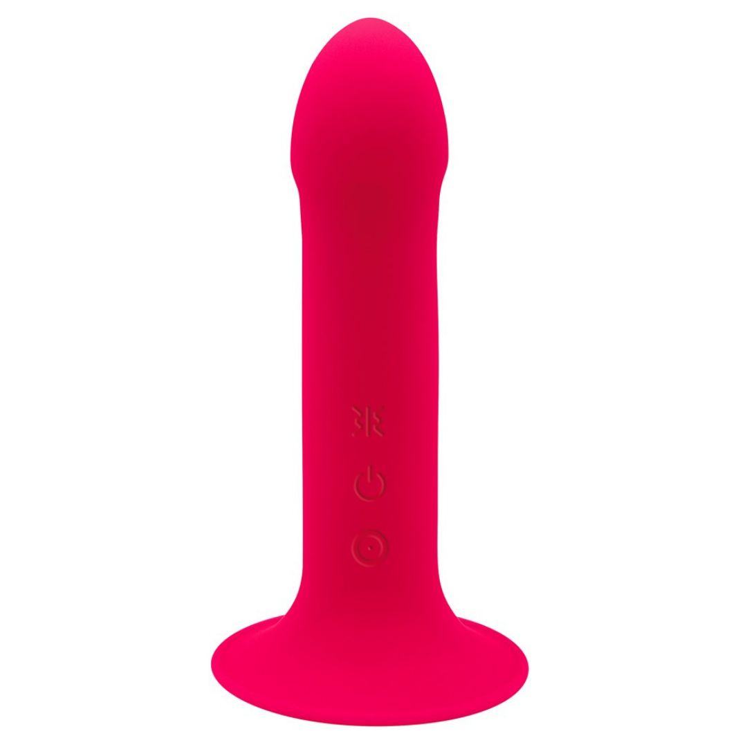 Rosa Vibrator mit abgerundeter Spitze und flachem Sockel. Steuerungssymbole sind sichtbar.