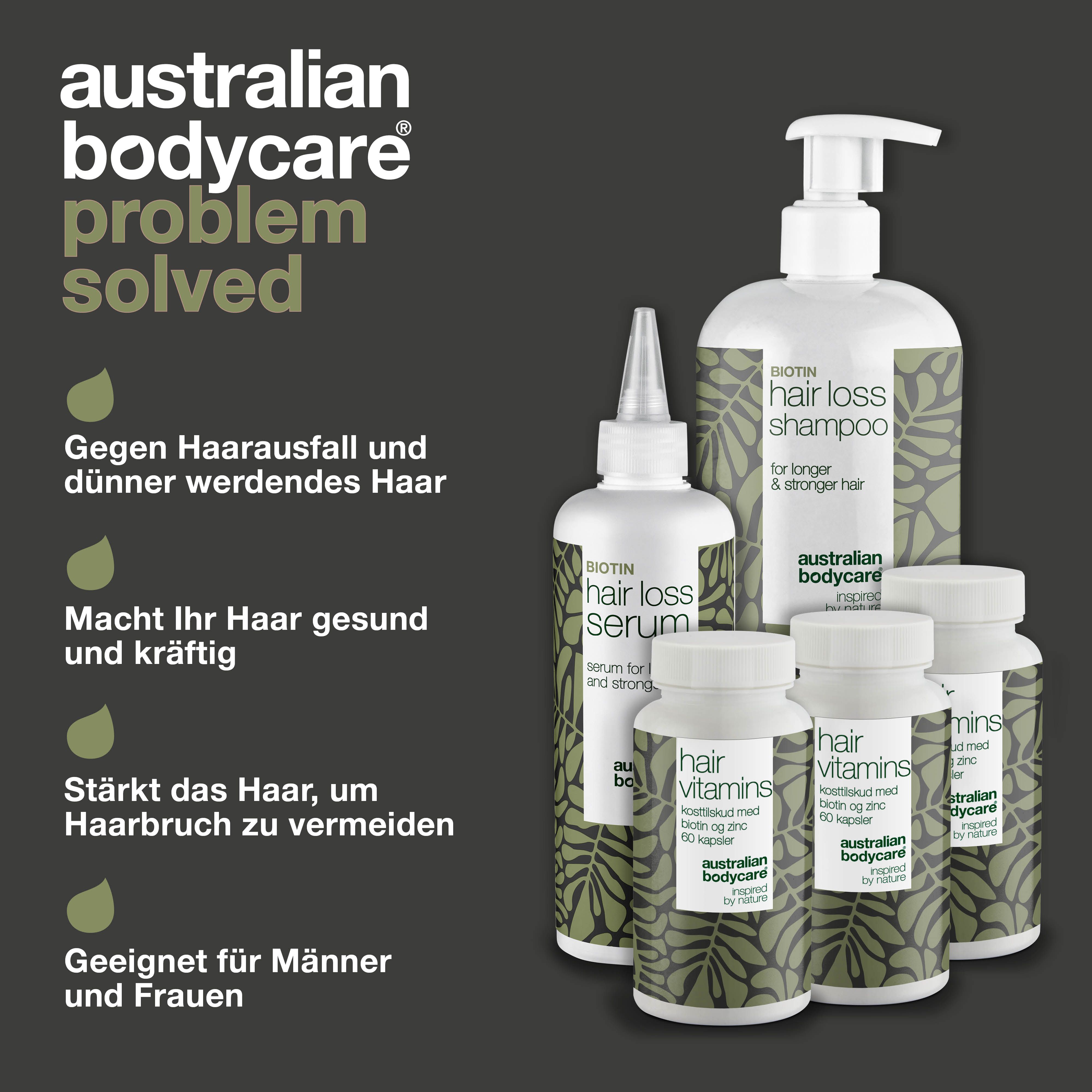Produkte. Aufschrift: Hair Loss Shampoo, Hair Loss Serum, Hair Vitamins. Marke: Australian Bodycare. Text: Problem Solved.