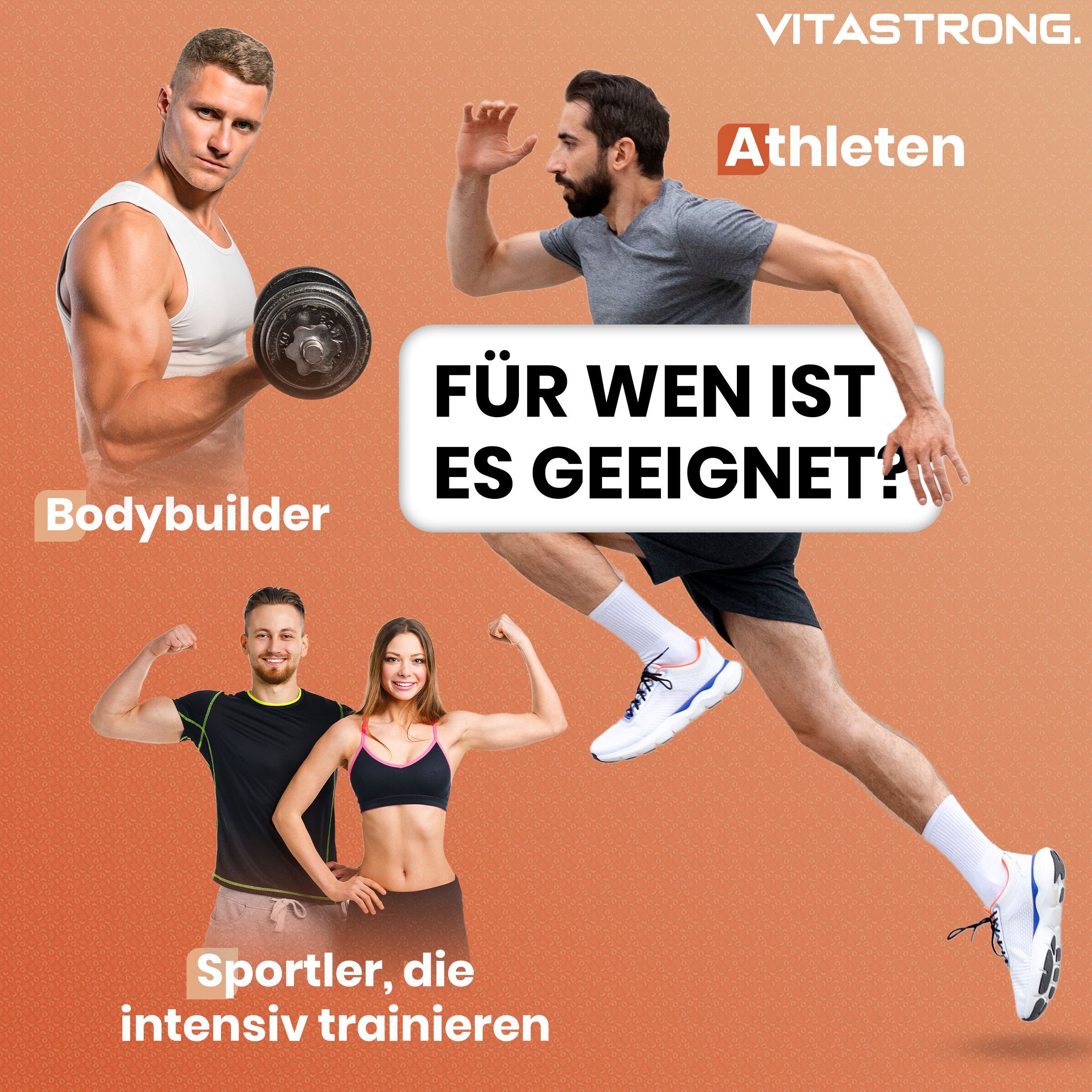 Vitastrong EAA Pro, Dose. 9 Aminosäuren, BCAA, Glutamin. Pfirsich-Geschmack. Sportler und Text.