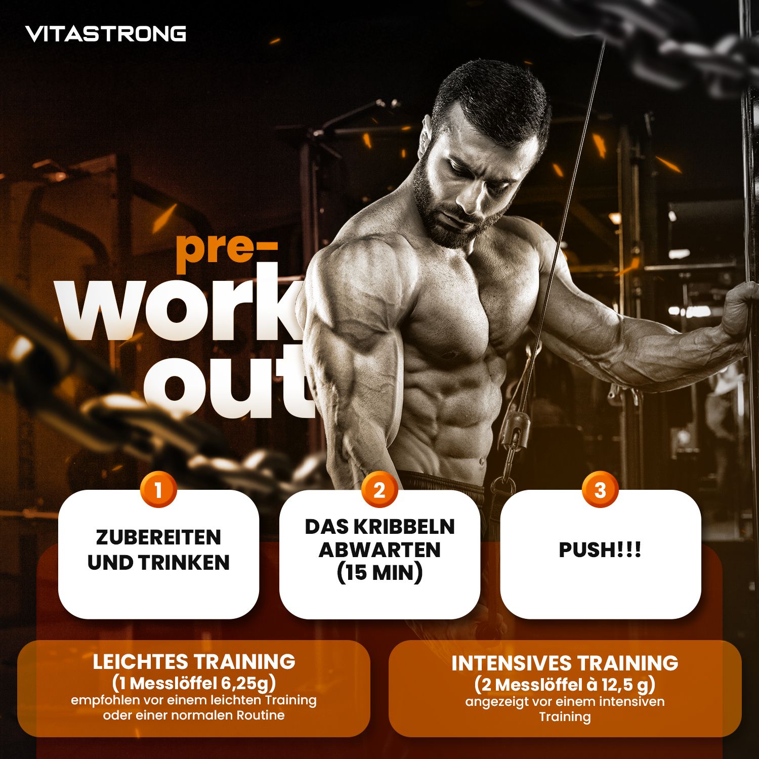 Vitastrong Pre-Workout. Schritte: Zubereiten, warten, trainieren. Text: Leichte und intensive Trainingseinheiten.