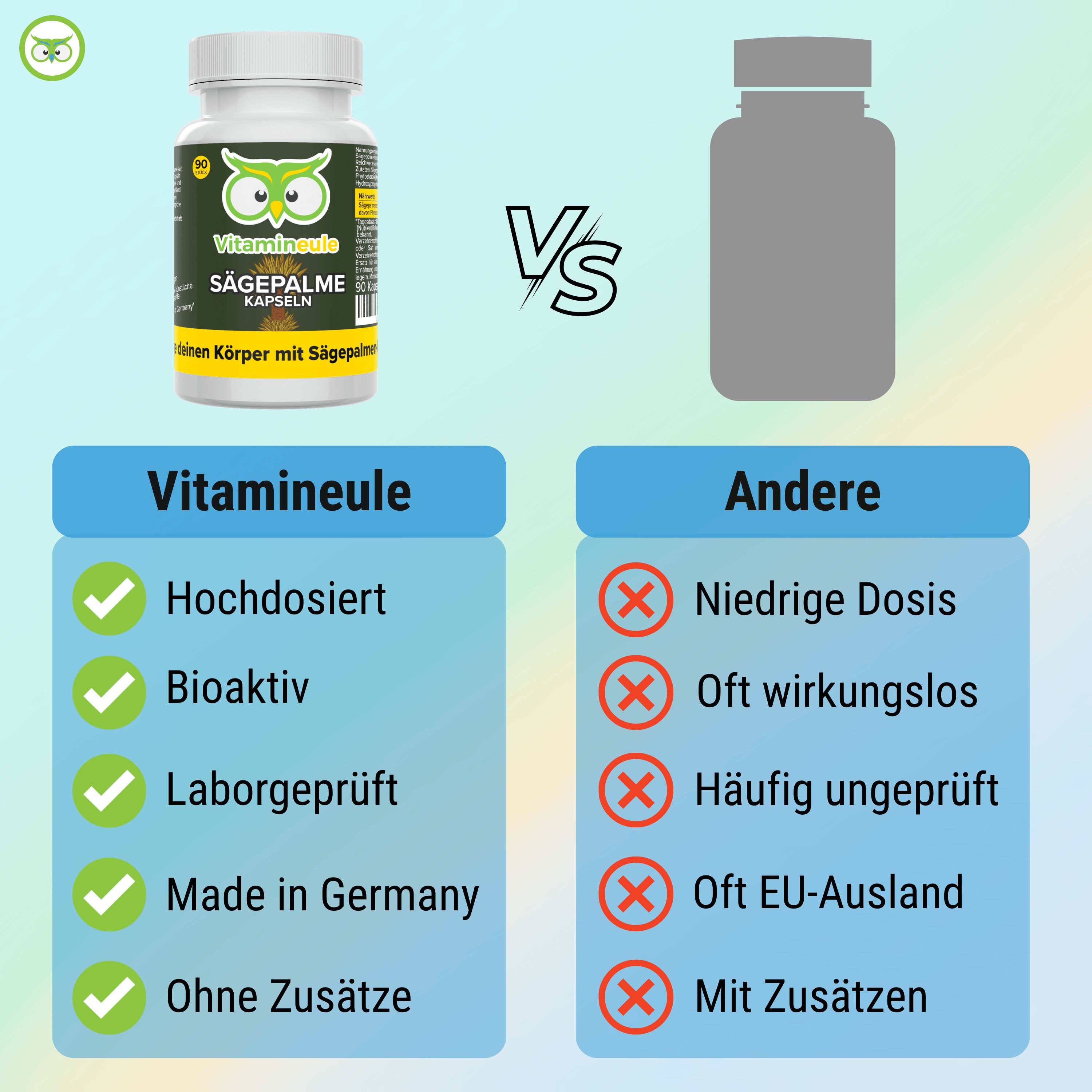 Vergleichstabelle: Vitamineule vs. Andere. Vitamineule: Hochdosiert, Bioaktiv, Laborgeprüft, Made in Germany, Ohne Zusätze. Andere: Niedrige Dosis, Oft wirkungslos, etc.