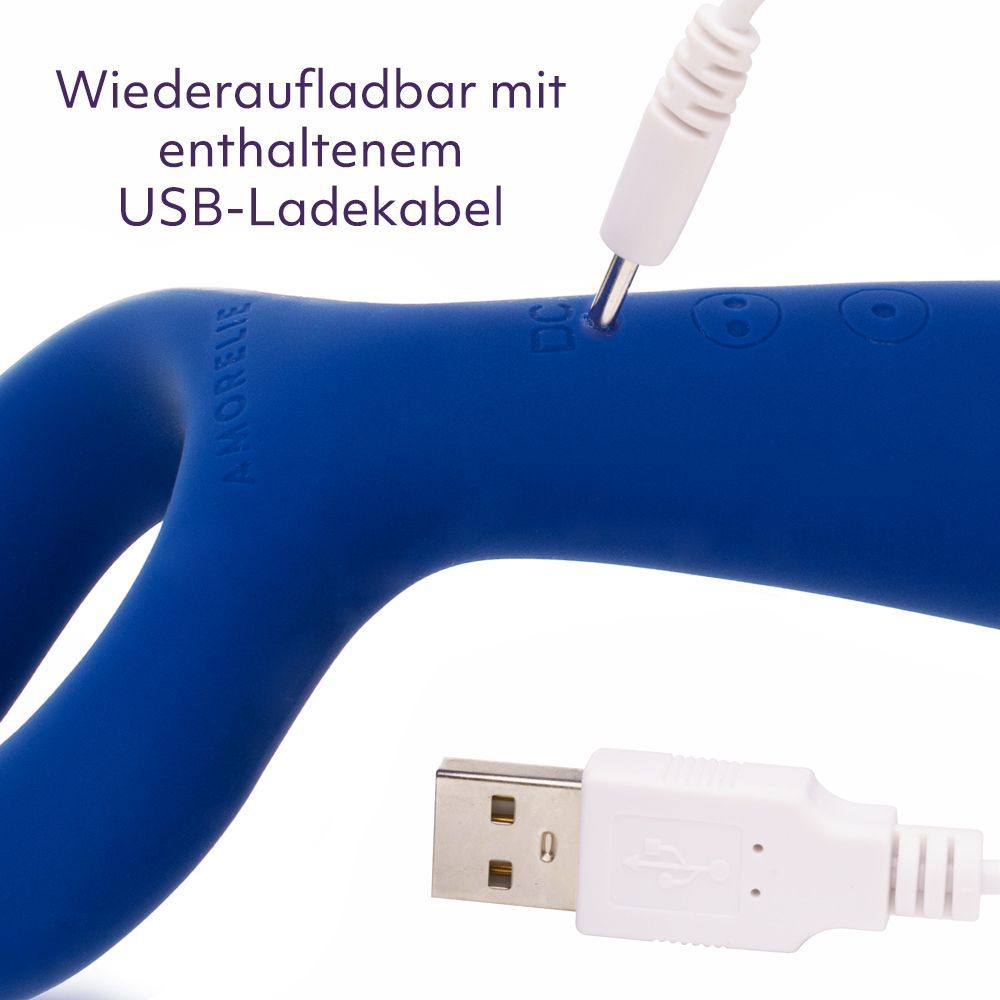 Blauer Vibrator mit USB-Ladekabel. Text: Wiederaufladbar mit enthaltenem USB-Ladekabel.