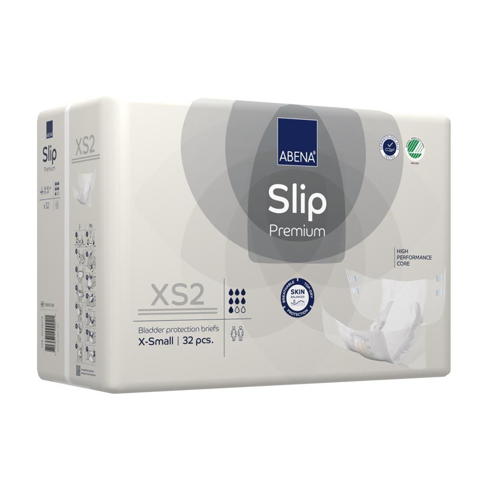 Abena Slip Premium XS2. Verpackung mit Inkontinenzvorlage. Produktname, Logo und Zertifizierungen sind sichtbar.
