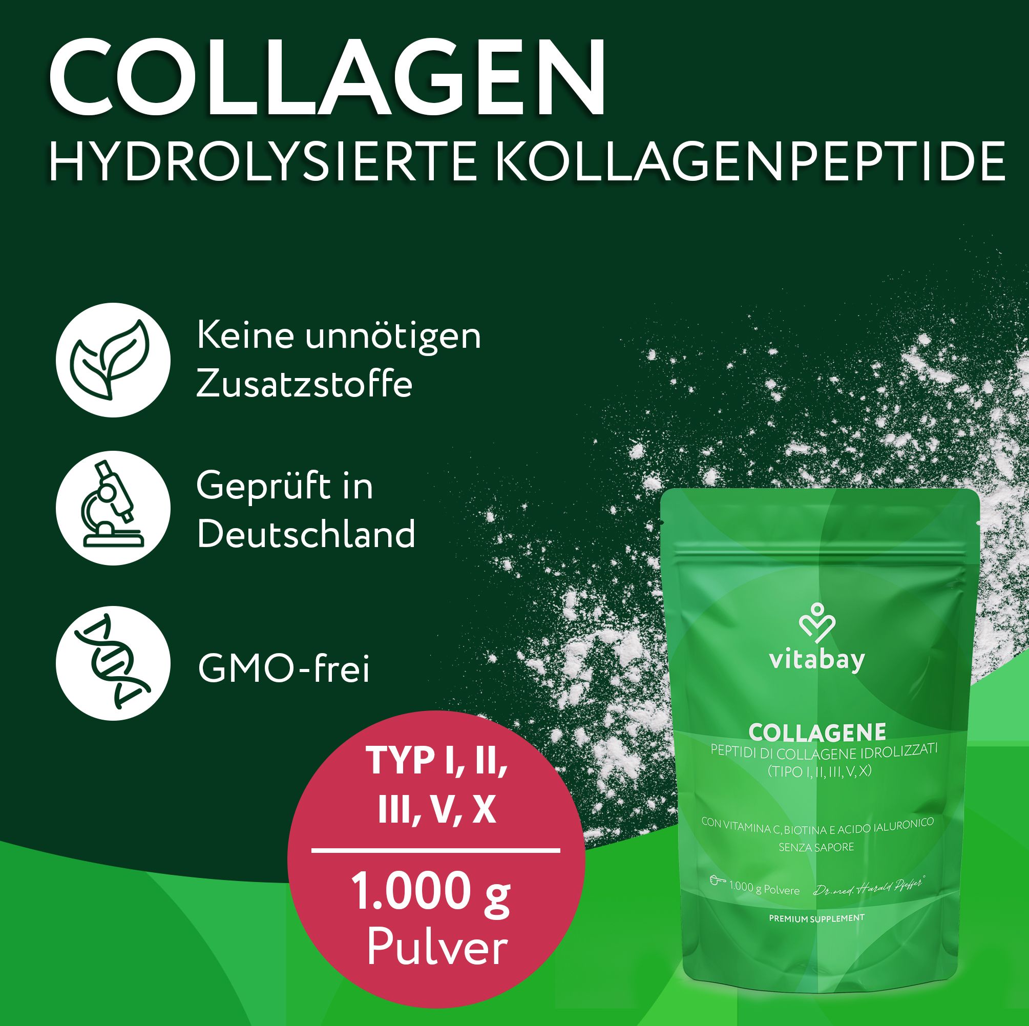 Vitabay Collagen Pulver: Typ I, II, III, V, X. Ohne Zusatzstoffe, geprüft in Deutschland, GMO-frei. 1000g.