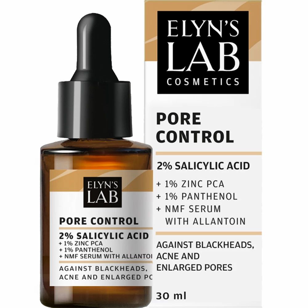Produktflasche und Verpackung. Flasche mit Pipette, daneben Schachtel. Aufschrift: Pore Control, 2% Salicylsäure, 1% Zink PCA, 1% Panthenol. Gegen Akne.