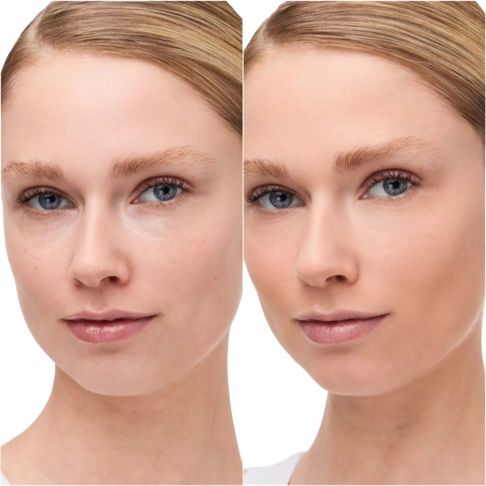 Zwei Frauenporträts. Links: ungeschminktes Gesicht. Rechts: Gesicht mit Make-up. Beide mit hellem Teint.
