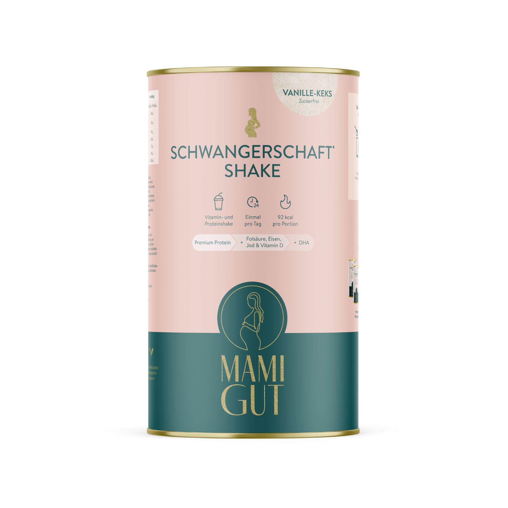 Dose MamiGut Schwangerschaft Shake, rosa-grün. Text: Vanille-Keks, Premium Protein, Folsäure, Eisen & Vitamin D, DHA.
