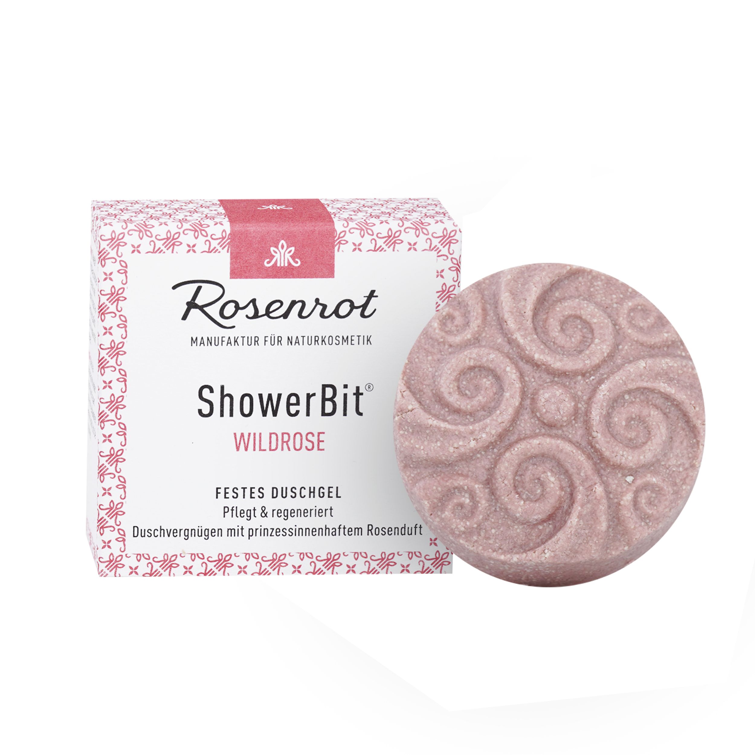 Rundes, festes Duschgel Wildrose mit floralem Muster. Verpackung mit Markenlogo und Produktbezeichnung.