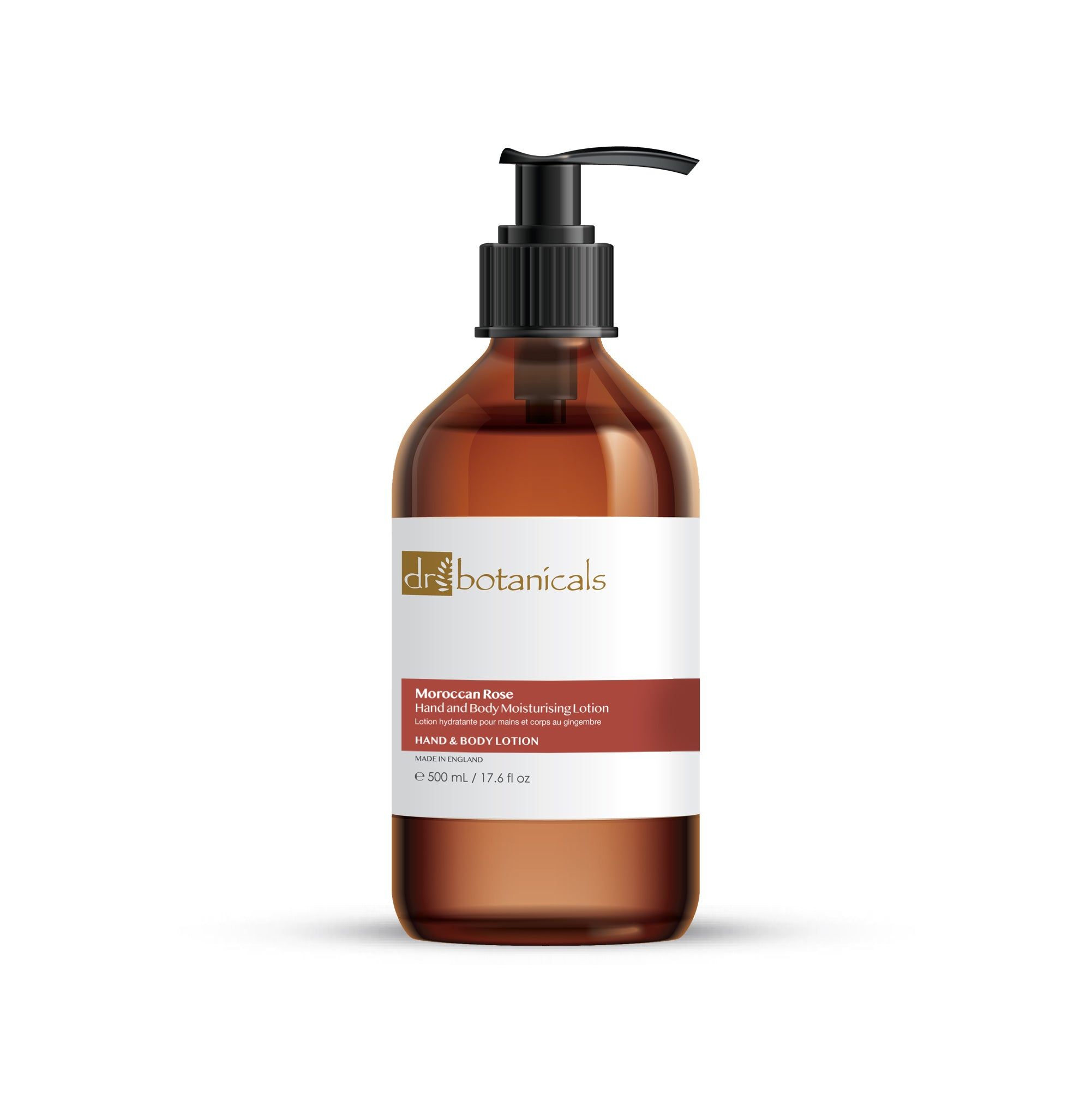 Braune Flasche mit schwarzem Pumpverschluss. Etikett mit Produktinformationen. Text: Moroccan Rose Hand & Body Moisturising Lotion. Logo: dr botanicals.