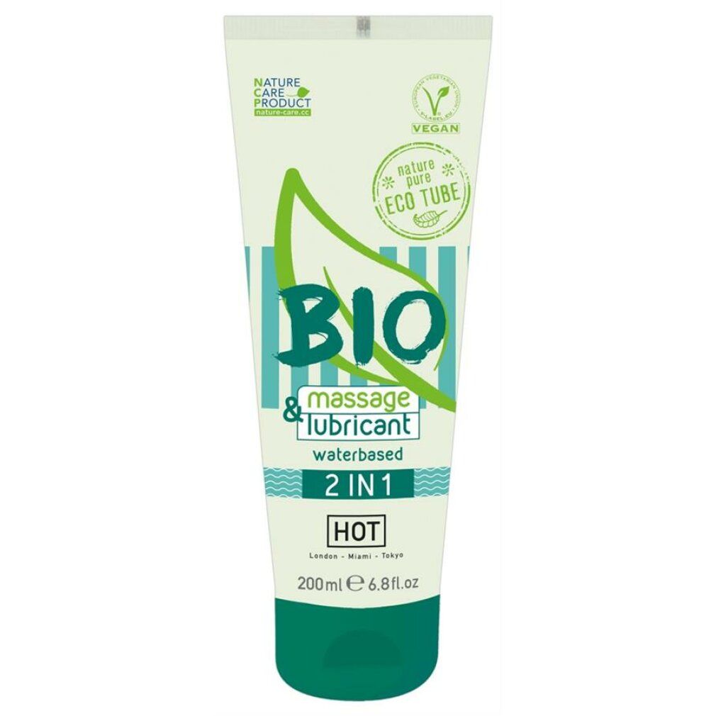 Tube BIO Massage & Lubricant 2IN1. Grün-weißes Design. Vegan-Siegel. Aufschrift: HOT, 200ml.