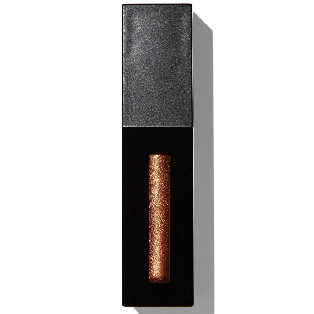 Schwarze Lipgloss-Tube mit quadratischem Deckel. Der Inhalt ist sichtbar, bronzefarben mit Glitzer. Vertikale Ansicht.