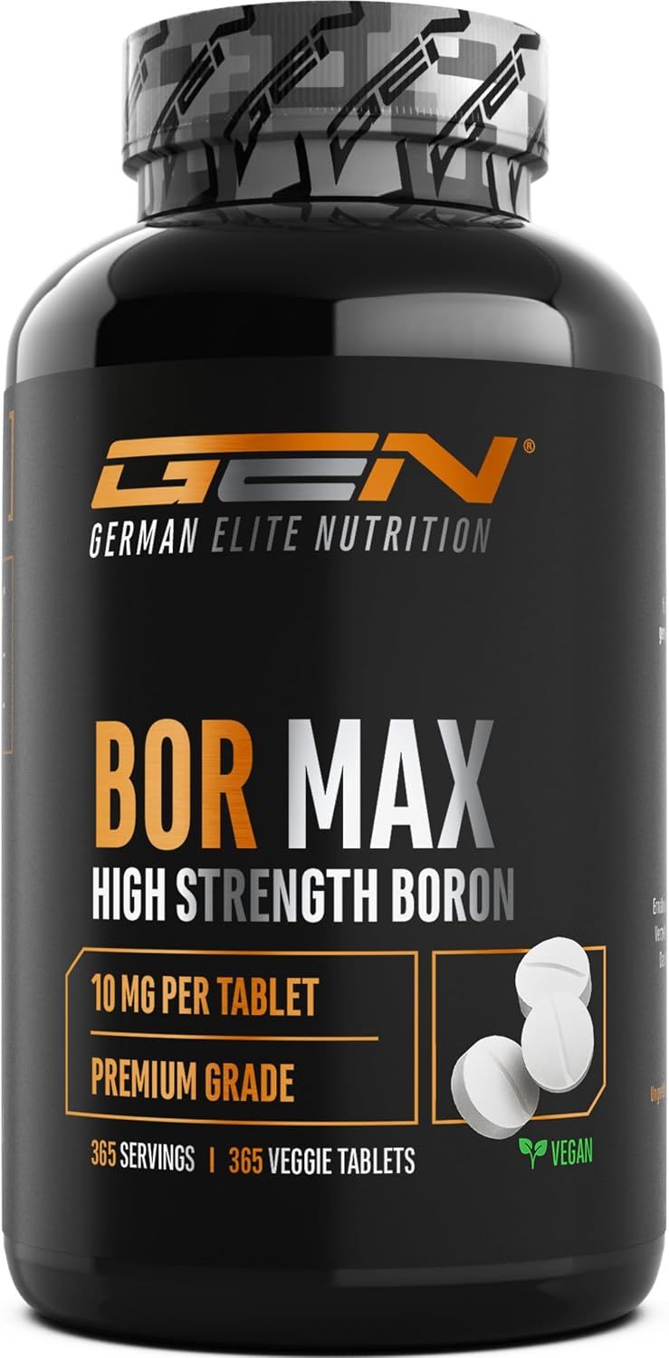 Schwarzer Behälter mit GEN Bor Max Etikett, 10 mg Bor pro Tablette, 365 Veggie-Tabletten.