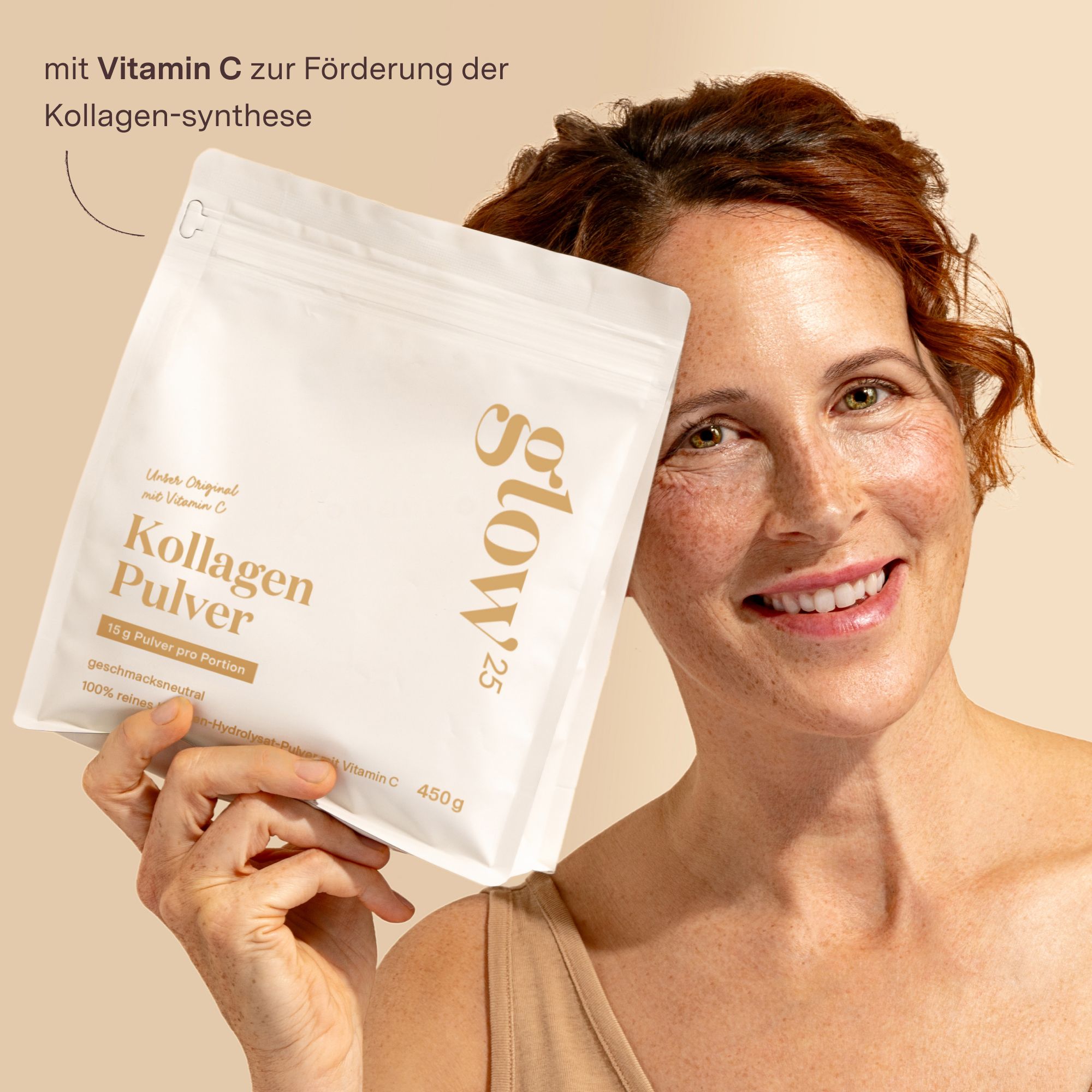 Nährwertangaben für Glow25® Kollagen Pulver. Zutaten: 99,8% Kollagen-Hydrolysat-Pulver (Rind), Vitamin C.