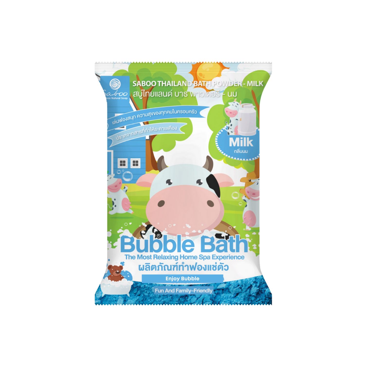 Verpackung mit SABOO Schaumbad Pulver - Milch. Illustration einer Kuh und Text in mehreren Sprachen.