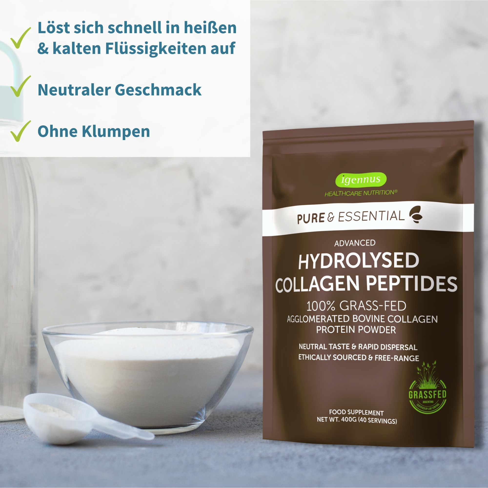 Produktbeutel, daneben Schale mit Pulver und Messlöffel. Text: Löst sich schnell auf, neutraler Geschmack, ohne Klumpen.