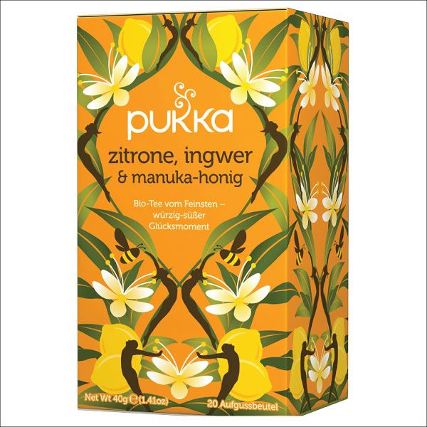 Pukka Tee-Verpackung, schräg. Logo, Produktname, 20 Aufgussbeutel, 40g. Floral Design.