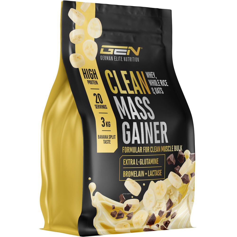 Schwarzer Beutel mit GEN Clean Mass Gainer. Aufschrift: Clean Mass Gainer, 3 kg, 20 Portionen, Bananengeschmack. Abbildung von Bananen und Schokolade.