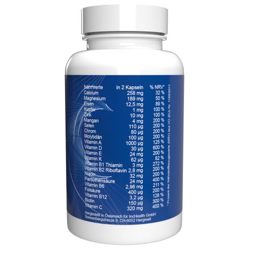 Rückseite einer weißen Flasche. Blaues Etikett mit Nährwerttabelle. Enthält Angaben zu Vitaminen und Mineralstoffen.