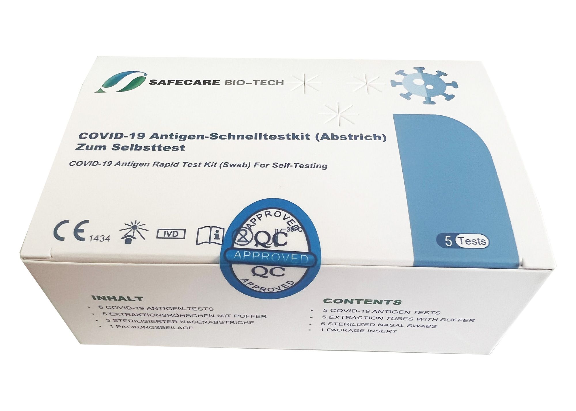 Weißer Karton mit Aufschrift COVID-19 Antigen-Schnelltestkit. Logo Safecare Bio-Tech. Siegel mit QC Approved. Enthält 5 Tests.