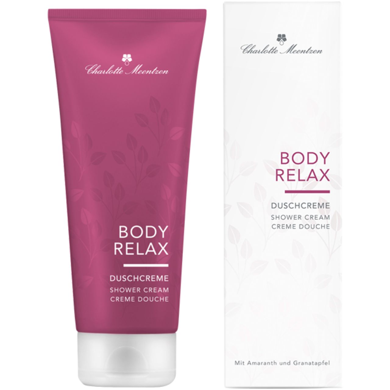 Rosa Tube und Verpackung. Aufschrift BODY RELAX, Duschcreme. Marke Charlotte Meentzen.