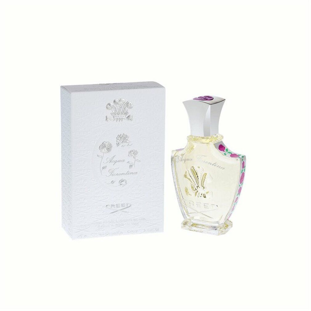 Parfümflasche und Verpackung. Flasche mit silbernem Verschluss, Schriftzug Acqua Fiorentina und Creed. Verpackung mit Logo und Schriftzug.