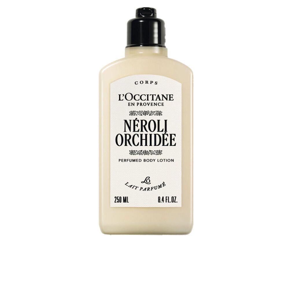 Körperlotion-Flasche mit schwarzem Deckel. Etikett mit Schriftzug: L'Occitane, Néróli Orchidée. 250 ml.