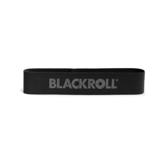Schwarzes, rechteckiges Fitnessband mit dem grauen Schriftzug "BLACKROLL".