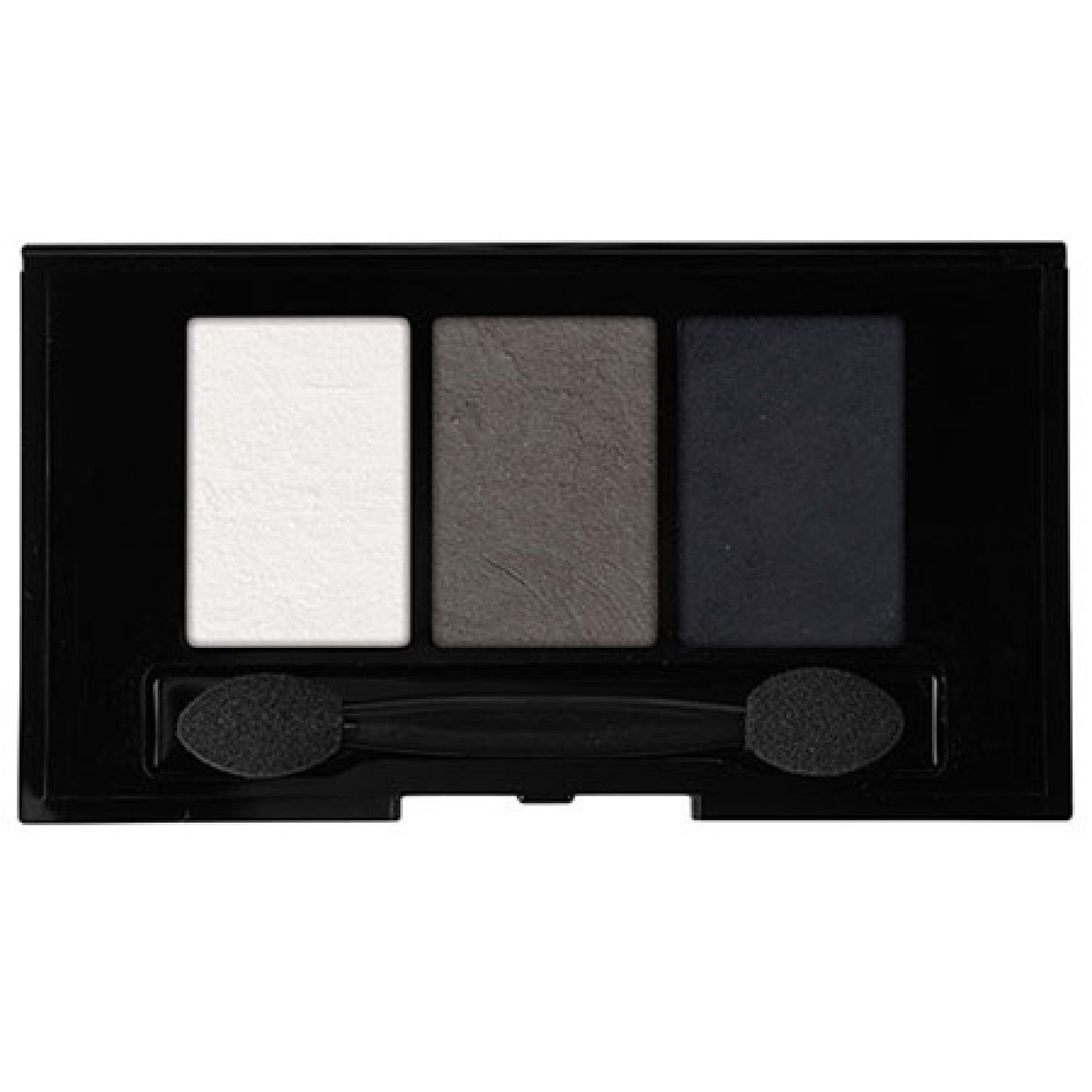 Lidschatten-Palette mit drei Farbtönen: Weiß, Grau und Schwarz. Mit Applikator. Schwarze Verpackung.