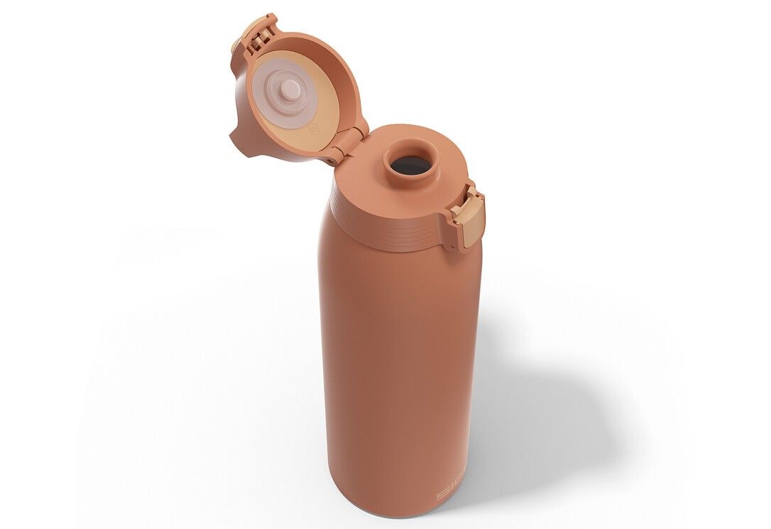 Braune Isolierflasche mit geöffnetem Deckel. Innenansicht des Deckels sichtbar.