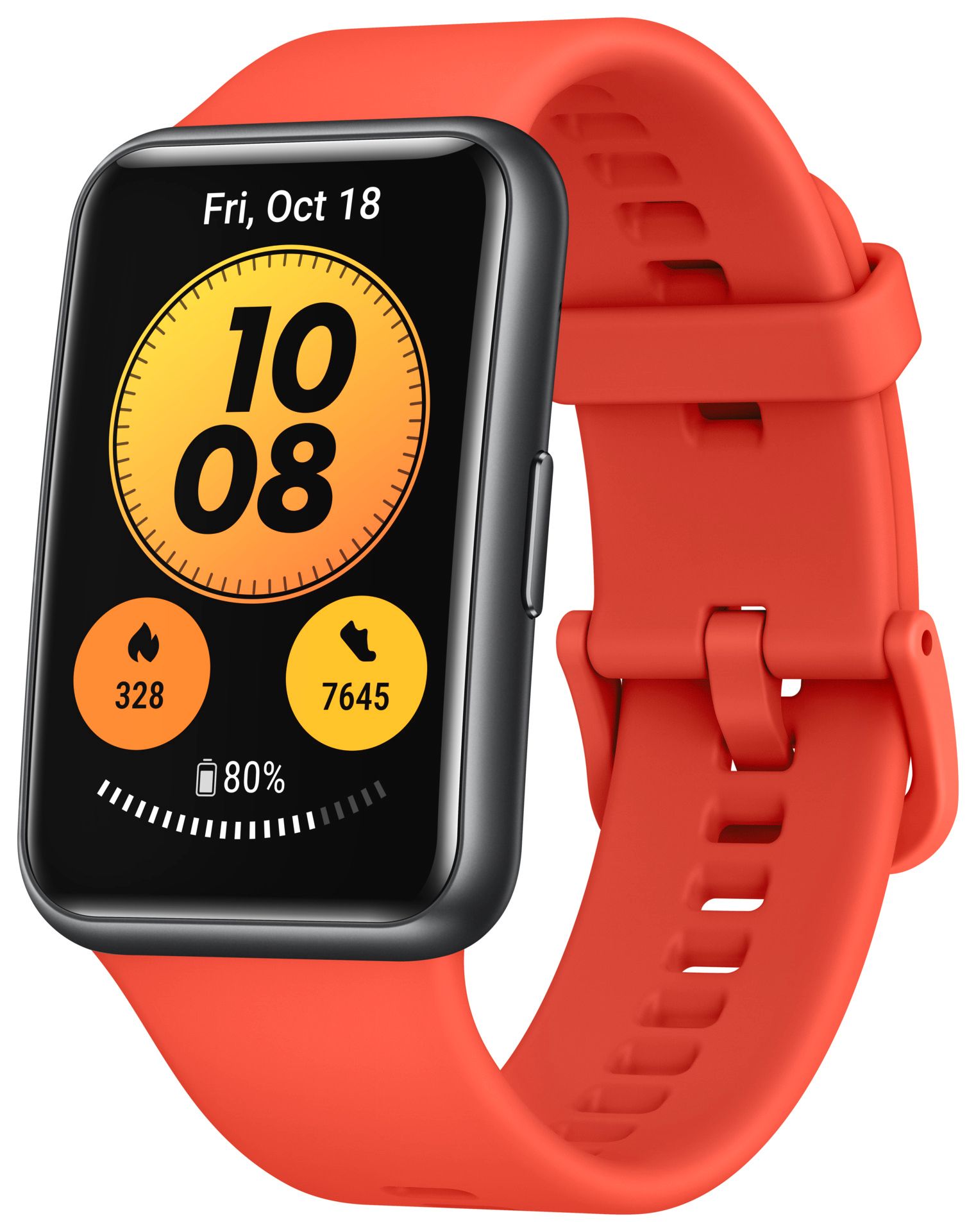 Fitness-Tracker mit rotem Armband. Schwarzes Display mit Uhrzeit, Datum, Schritten und Kalorien. Akkuanzeige.