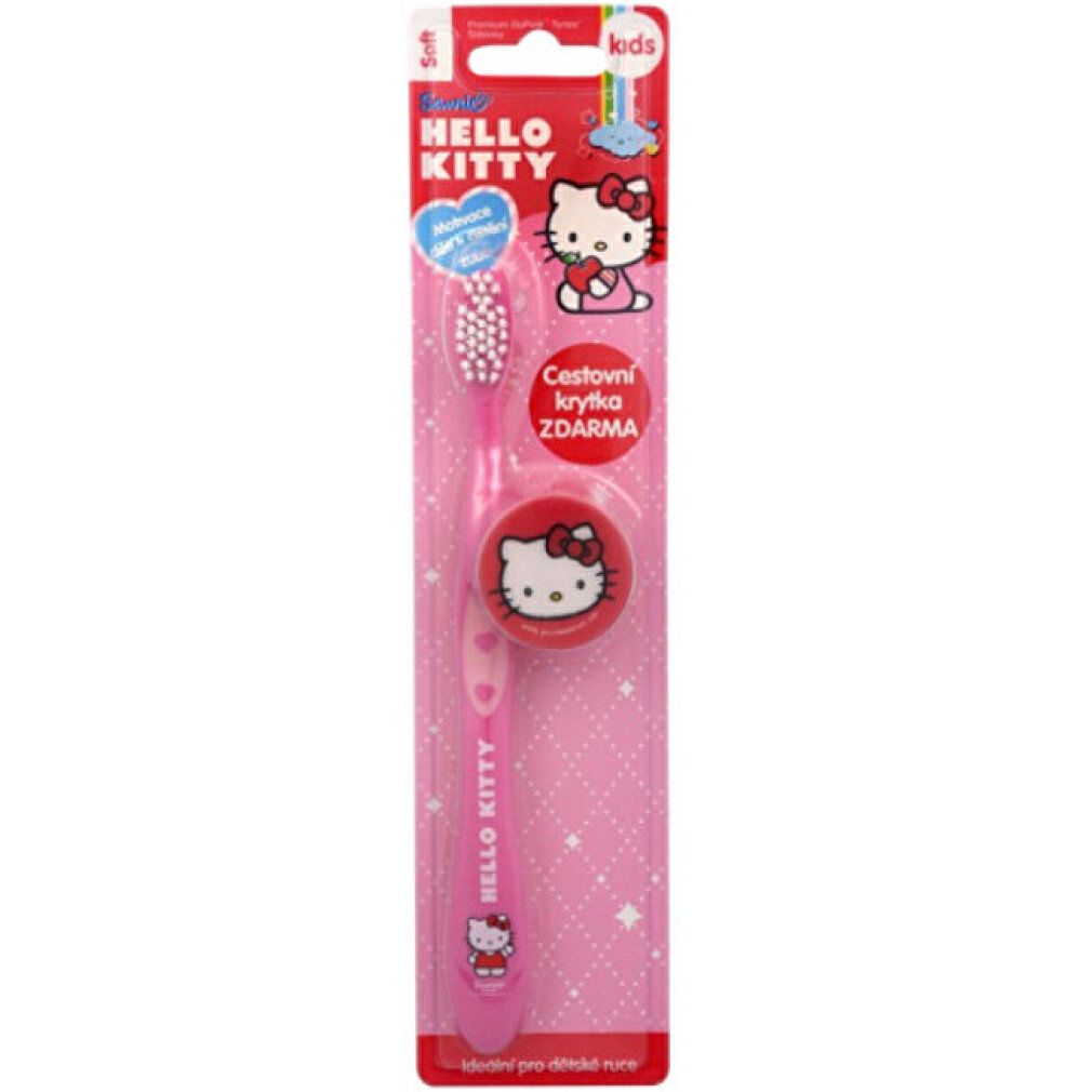 Rosa Hello Kitty Zahnbürste mit Kappe in Verpackung. Aufschrift: "Cestovni krytka ZDARMA".