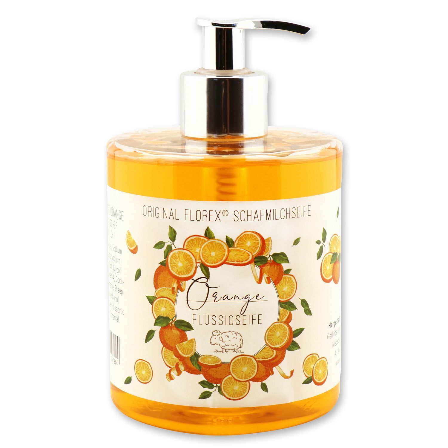 Flüssigseife in einer transparenten Flasche mit Spender. Aufschrift: Orange Flüssigseife. Dekoration mit Orangen und Blättern.