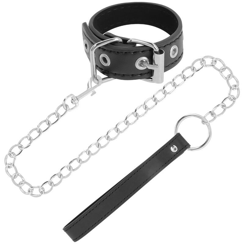 Schwarzes Lederhalsband mit Metallschnalle und angehängter silberner Kette mit Griffschlaufe.