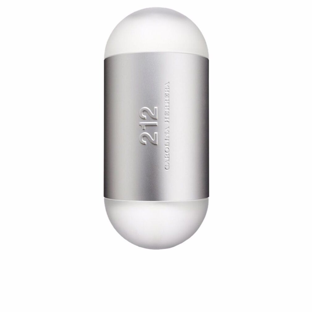 Silberfarbener, zylindrischer Flakon mit abgerundeten Enden. Geprägter Schriftzug '212' und 'Carolina Herrera'.