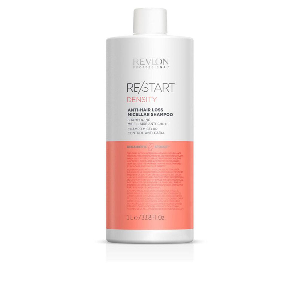Weiß-rosa Shampoo-Flasche. Text: Revlon, Re/Start Density, Anti-Hair Loss Micellar Shampoo. 1L/33.8 fl oz.