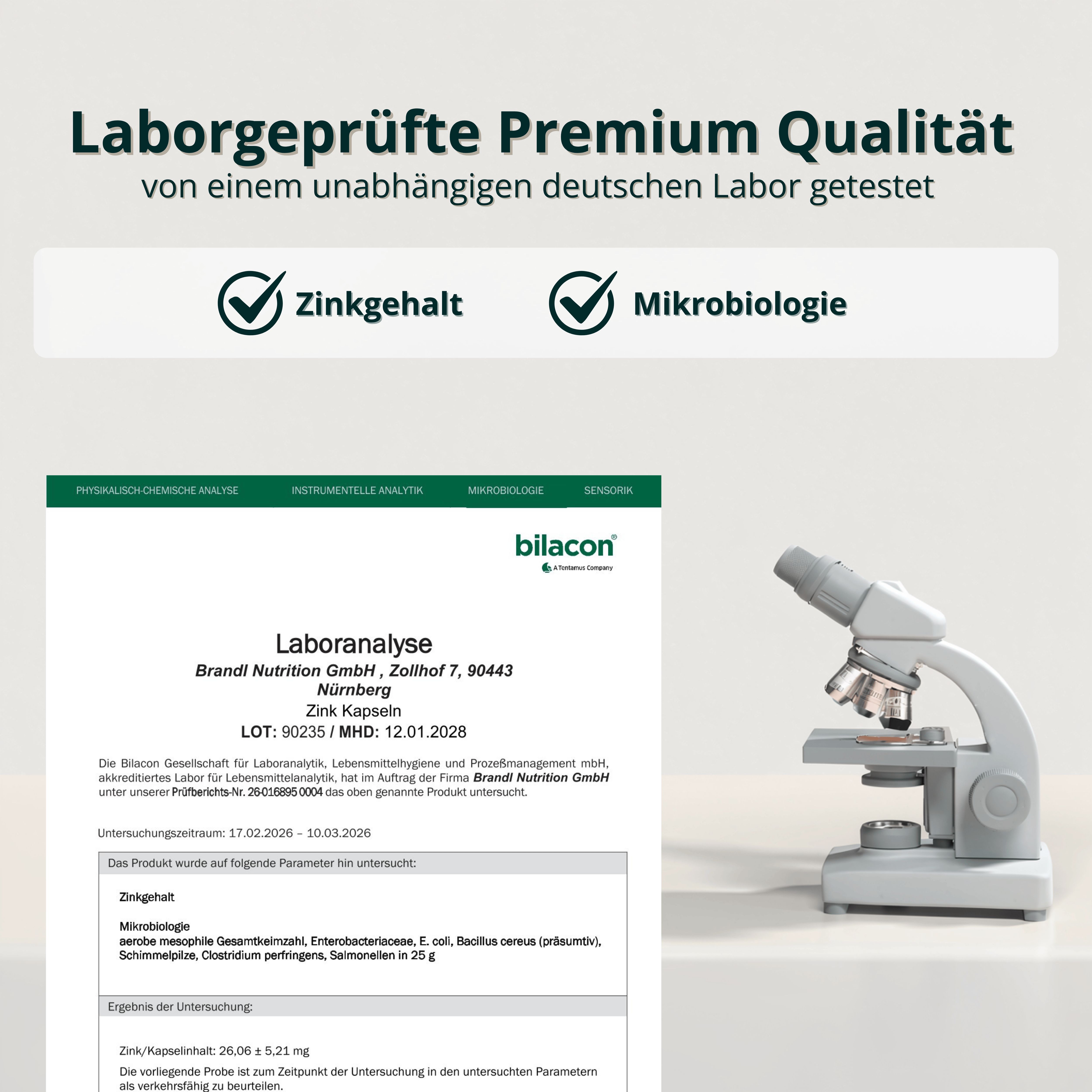 Laboranalyse mit Mikroskop. Text: Laborgeprüfte Premium Qualität. Zinkgehalt, Mikrobiologie. Marke: bilacon. Zink Kapseln.