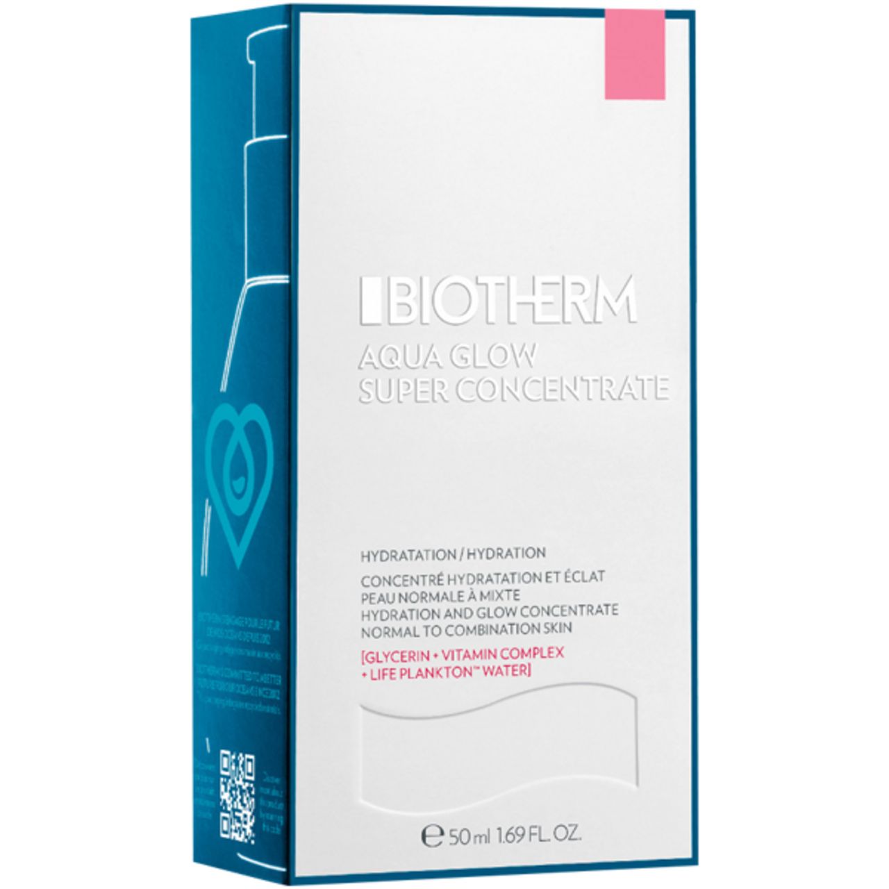 Blau-weiße Verpackung. BIOTHERM Aqua Glow Super Concentrate. Text: Hydratation, 50ml, 1.69 FL. OZ.