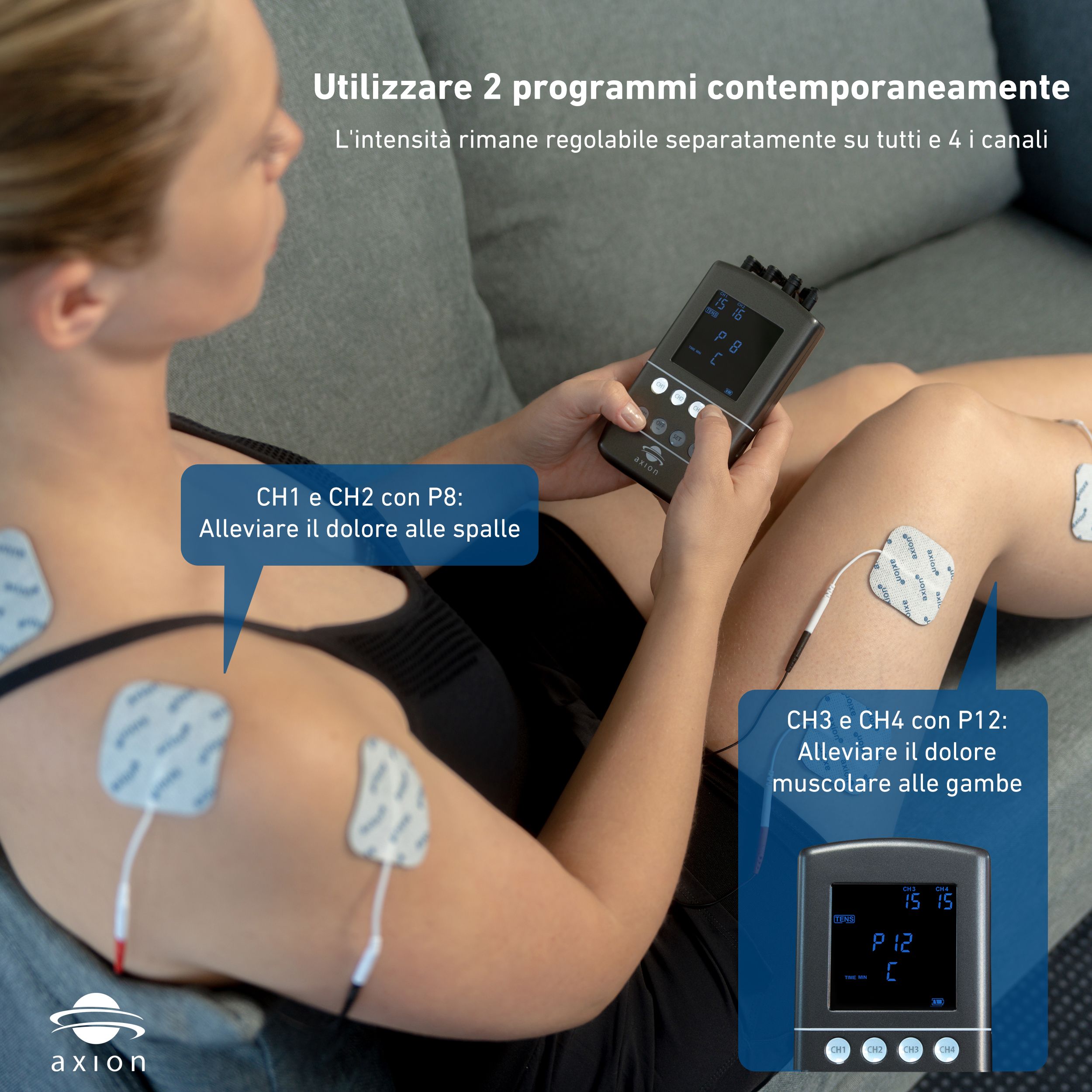 Dispositivo con display ed elettrodi. Testo: Produttore tedesco. Logo axion. 4 canali, P60, 45.